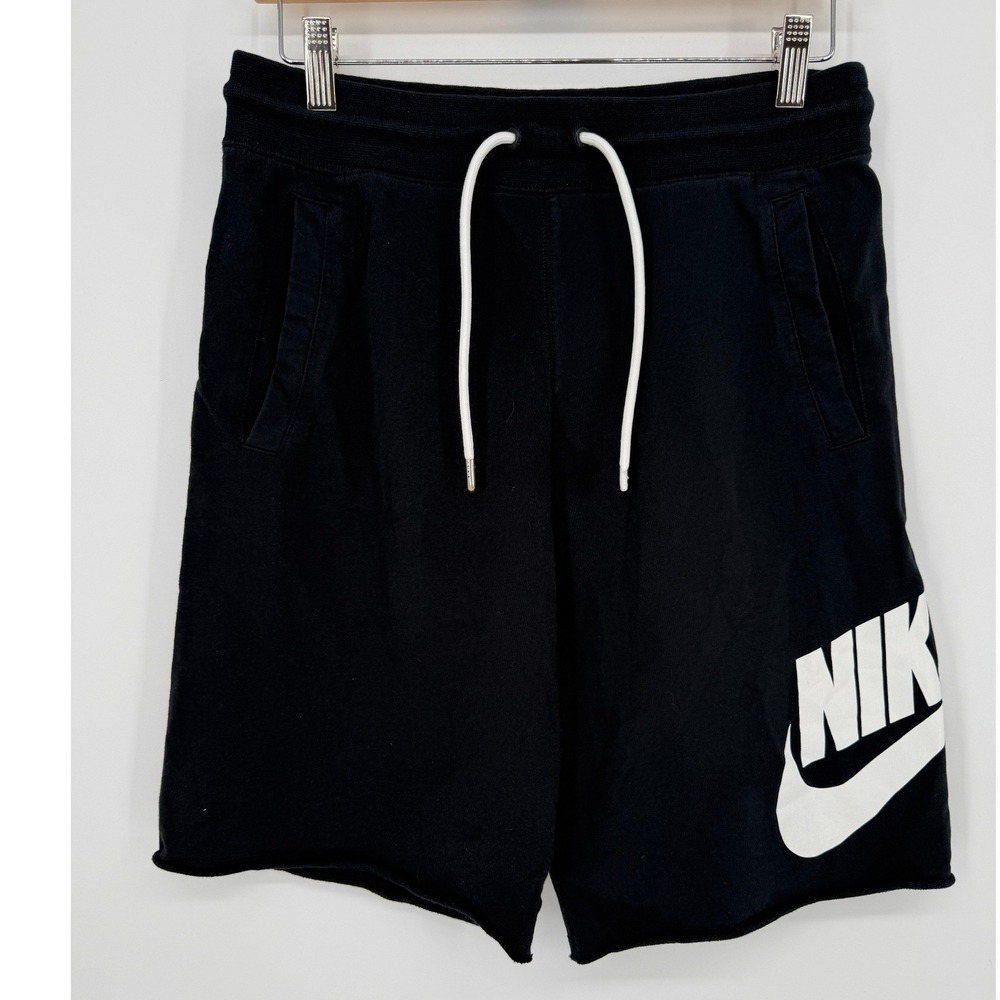 Nike French Terry Swoosh Gym Shorts Mens M AT5267-010 Black Graphic Raw Hem EUC